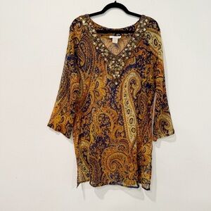 Soft Surroundings Blue Brown Paisley Sheer Beaded Long Sleeve Tunic M